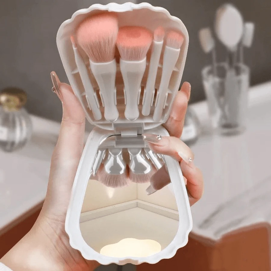 1 Conjunto De Pincéis De Maquiagem Com Padrão De Concha Branca E Espelho, Conjunto De Pincéis Mini Portátil