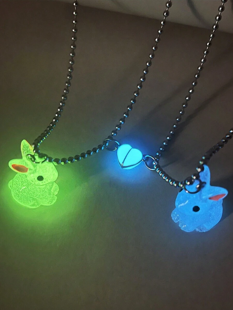 2 Unidades / Conjunto Casais Adoram Brilhar No Escuro Coelho Animal Formato De Coração Magnético Coelhinho Fofo Corrente De Aço Inoxidável Colar Com Pingente Presente De Dia Dos Namorados