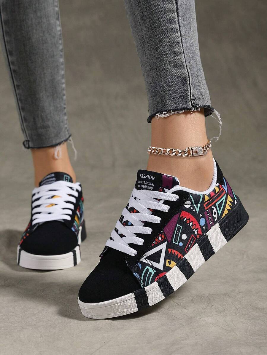 Dames Casual Skateschoenen Met Geometrisch Geprint Patroon, Color Block, Comfortabel En Veelzijdig, Buitensporten Wandelschoenen Voor Heren, Lente/Herfst Schoenen Voor Dames