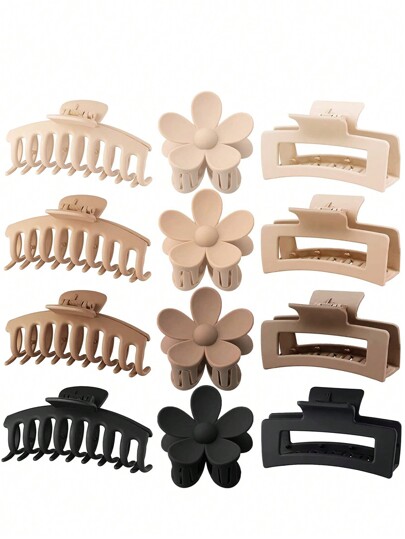 12pcs Women's Minimalist Style Plastic Hair Claw Clips With Flower, Square, And Dragon Claws Design In Black And Brown. Simple, Stylish, And Versatile Hair Accessory That Enhances Your Daily Outfit And Suitable For Daily Use, Showering, Face Cleansing, Make-Up, Hair Styling, And Outfit Matching. Casual