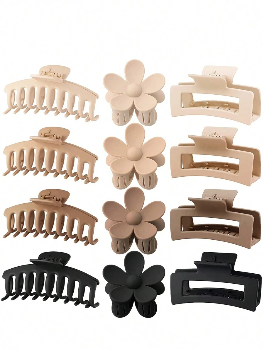 12pcs Women's Minimalist Style Plastic Hair Claw Clips With Flower, Square, And Dragon Claws Design In Black And Brown. Simple, Stylish, And Versatile Hair Accessory That Enhances Your Daily Outfit And Suitable For Daily Use, Showering, Face Cleansing, Make-Up, Hair Styling, And Outfit Matching. Casual, School Hair Accessories, Hair Jaw Clip, Hair Clutch Summer