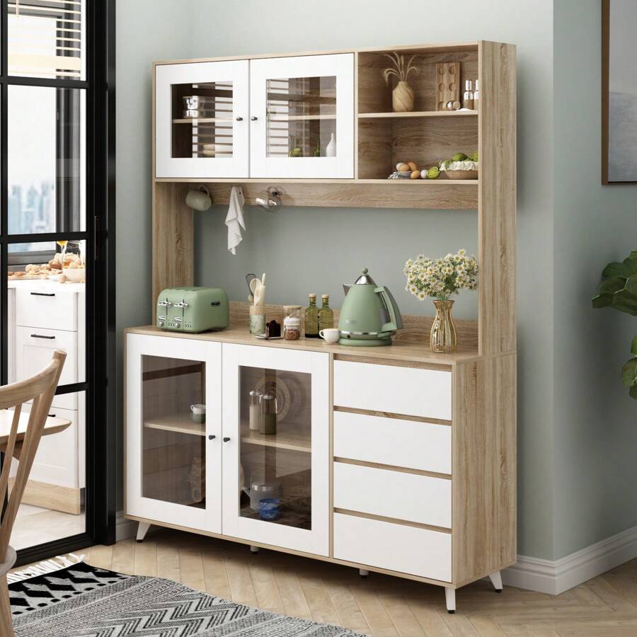 74.8" Tall Kitchen Pantry Cabinet with 4 Drawers, 4 Doors & Microwave Stand, Freestanding Hutch Cabinet with Buffet Cupboard for Kitchen, Dinningroom