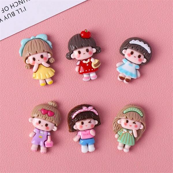 10pcs Random Mixed Cartoon Cute Girl Design Diy Jewelry Beading Resin