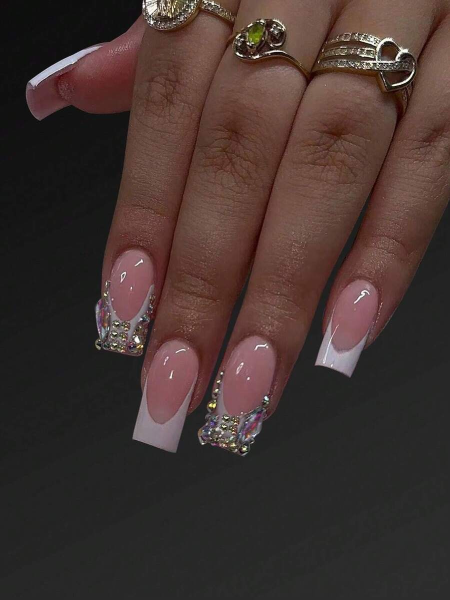 24pcs/Set Long Coffin Shaped Rhinestone 3d Decorated False Nails With 1 Nail File And 1 Jelly Glue Press On Nails Nail Supplies