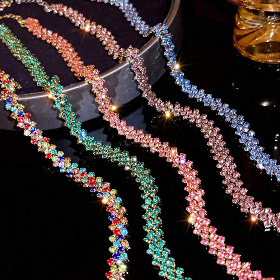 1 stuk In de mode Strass Chokerketting In Roze , Blauw , Paars , Goud En Zilver , Geschikt Voor Dames Naar Draag Feestjes En Dagelijks leven