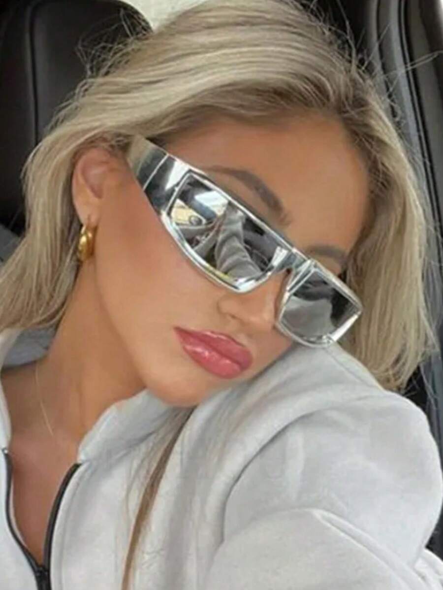 1pair Polygonal Wrap Around Y2k Futuristic Technology Style Silver Coated Fashion Glasses Sports Eye Glasses Street Shades Beach Accessories Beach Accessories For Women Glasses Shades For Summer Beach Vacation,Outdoor,Travel Preppy Style For Back To School