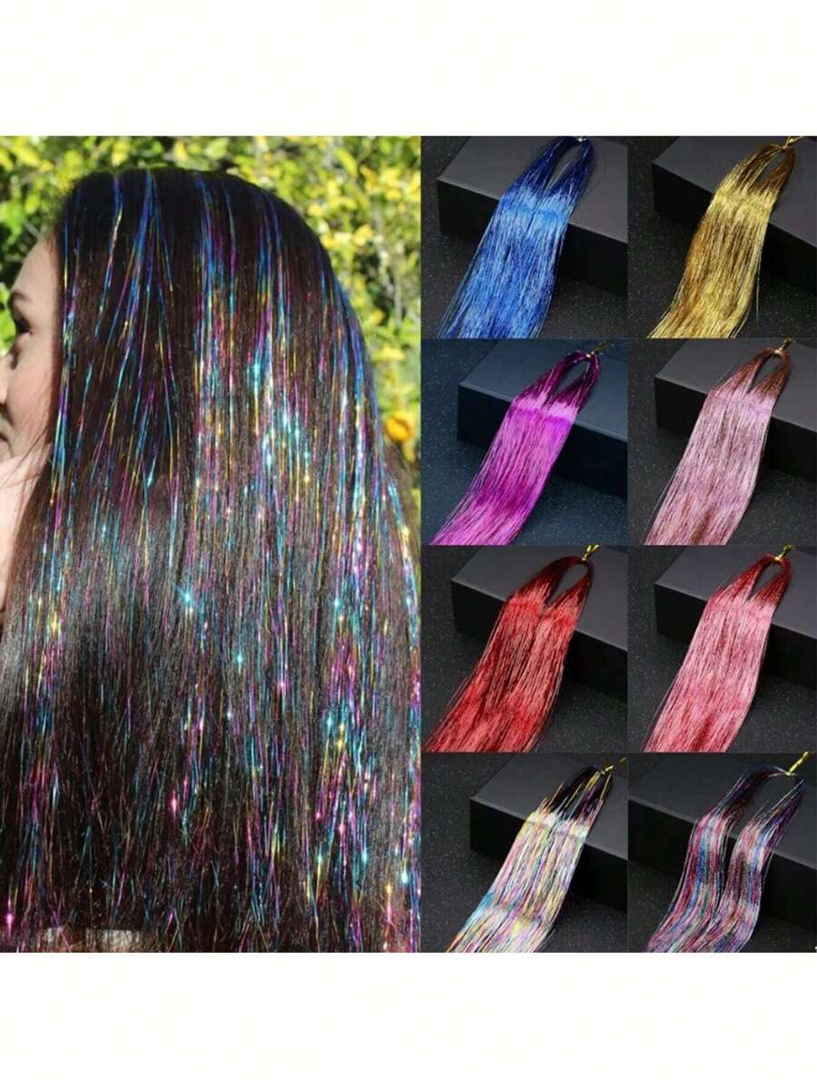 1 pièce Extensions de cheveux à bandes scintillantes longues et droites pour surligner les cheveux lors de festivals, fêtes, Halloween, brillantes et étincelantes