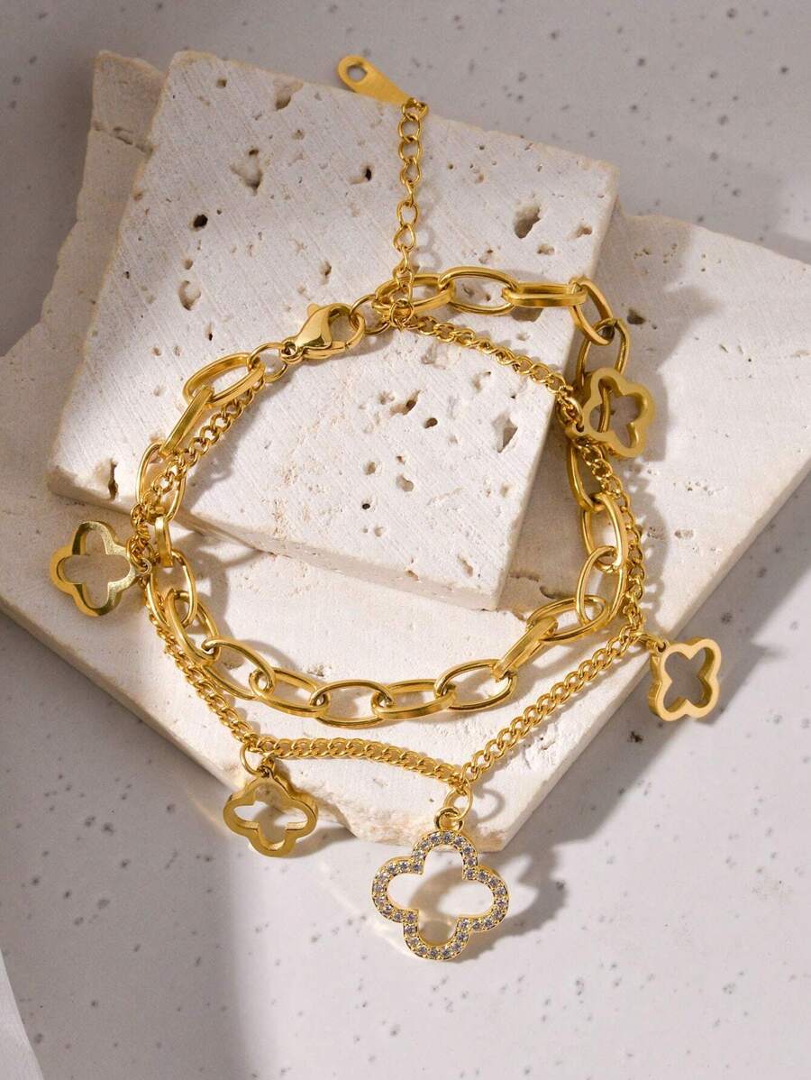 1pc Fashionable Double Layered Four-Leaf Clover Titanium Steel Bracelet For Women, Versatile Accessory