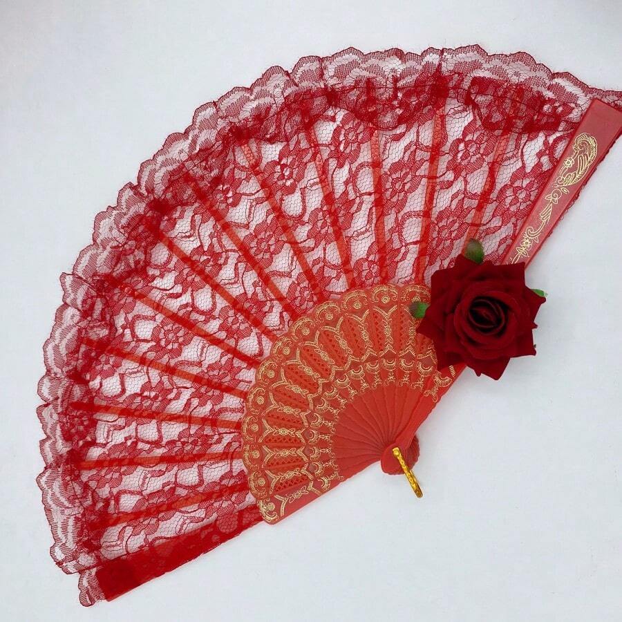 1pc Ladies' Lolita Style Lace Fan Chinese Dance Fan Qipao Accessory European Style Cosplay Folding Fan With Rose Pattern