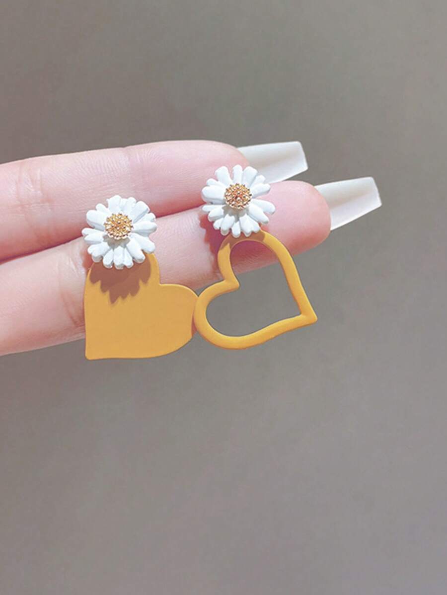 1 par de pendientes colgantes de mujer con diseño de flor y corazón, de aleación de zinc, a juego, como regalo para citas o San Valentín