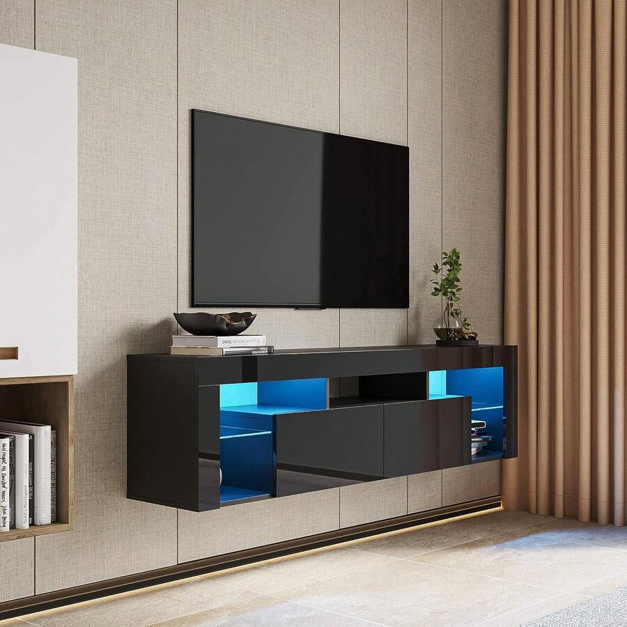 QQD 65 Inch TV Stand With LED Lights, Floating Entertainment Center Media Console, Wall Mounted High Gloss Modern Storage Shelf For 60/65/70 Inch TV