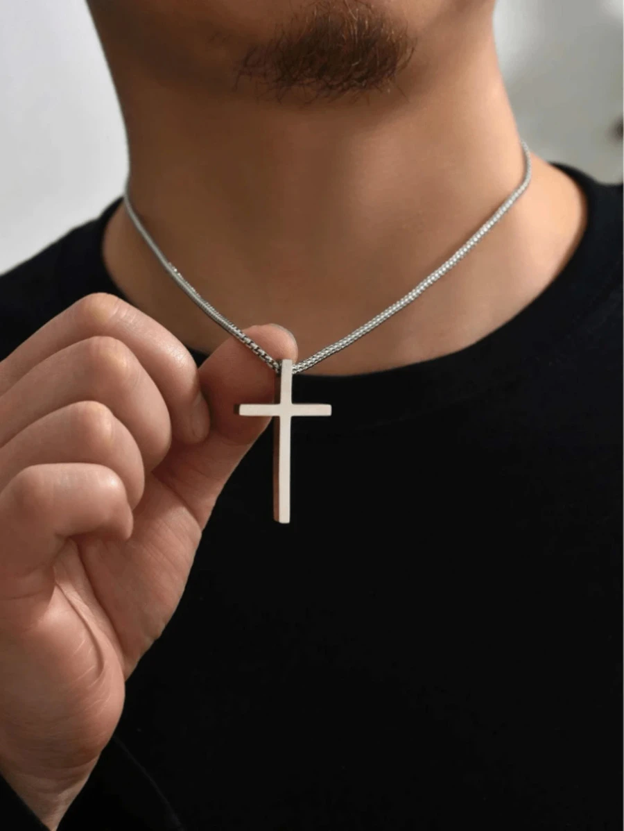 1 Pieza Nuevo Estilo Moda Colgante De Cruz Para Hombre De Acero Inoxidable Y Titanio Con Collar De Cadena De Cuerda, Adecuado Para Joyería De Uso Diario Y Como Regalo Para Hombre