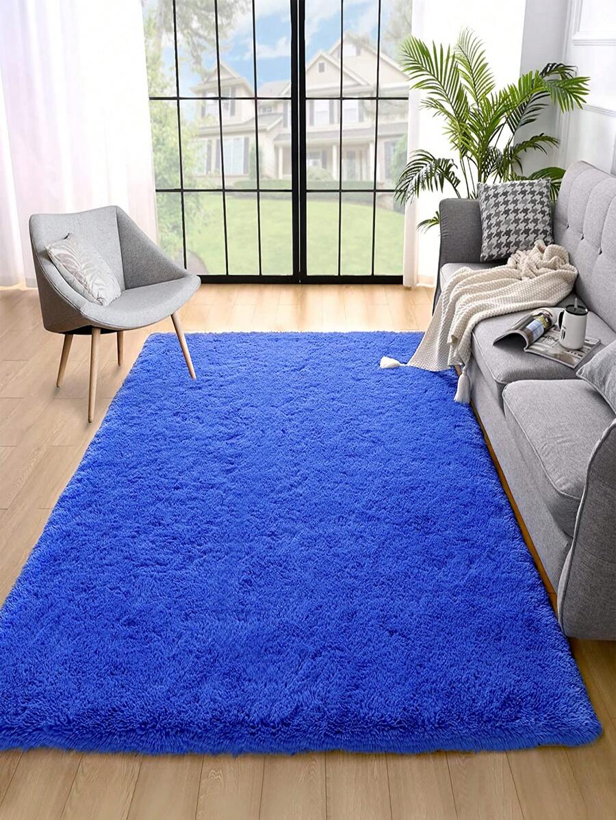 1 pièce Tapis Shaggy couleur bleue unicolore, style moderne et simple, poil doux extra long, absorbant l'eau, chaud, toutes saisons, tapis de décoration en polyester pour la maison, décoration de pièce