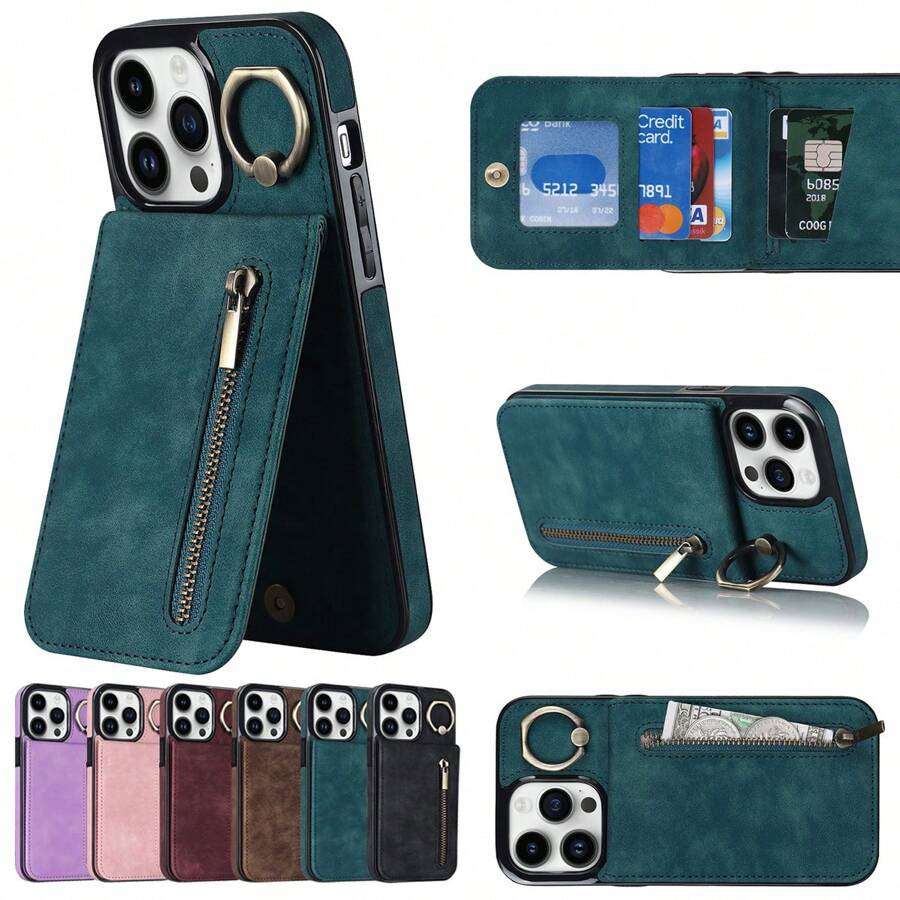 A New Multifunctional Retro Style Zipper Flip Wallet, With Finger Ring Bracket, Full Cover Shockproof & Wear Resistant, High Fashion Tpu Phone Case, Suitable For Various Apple Models