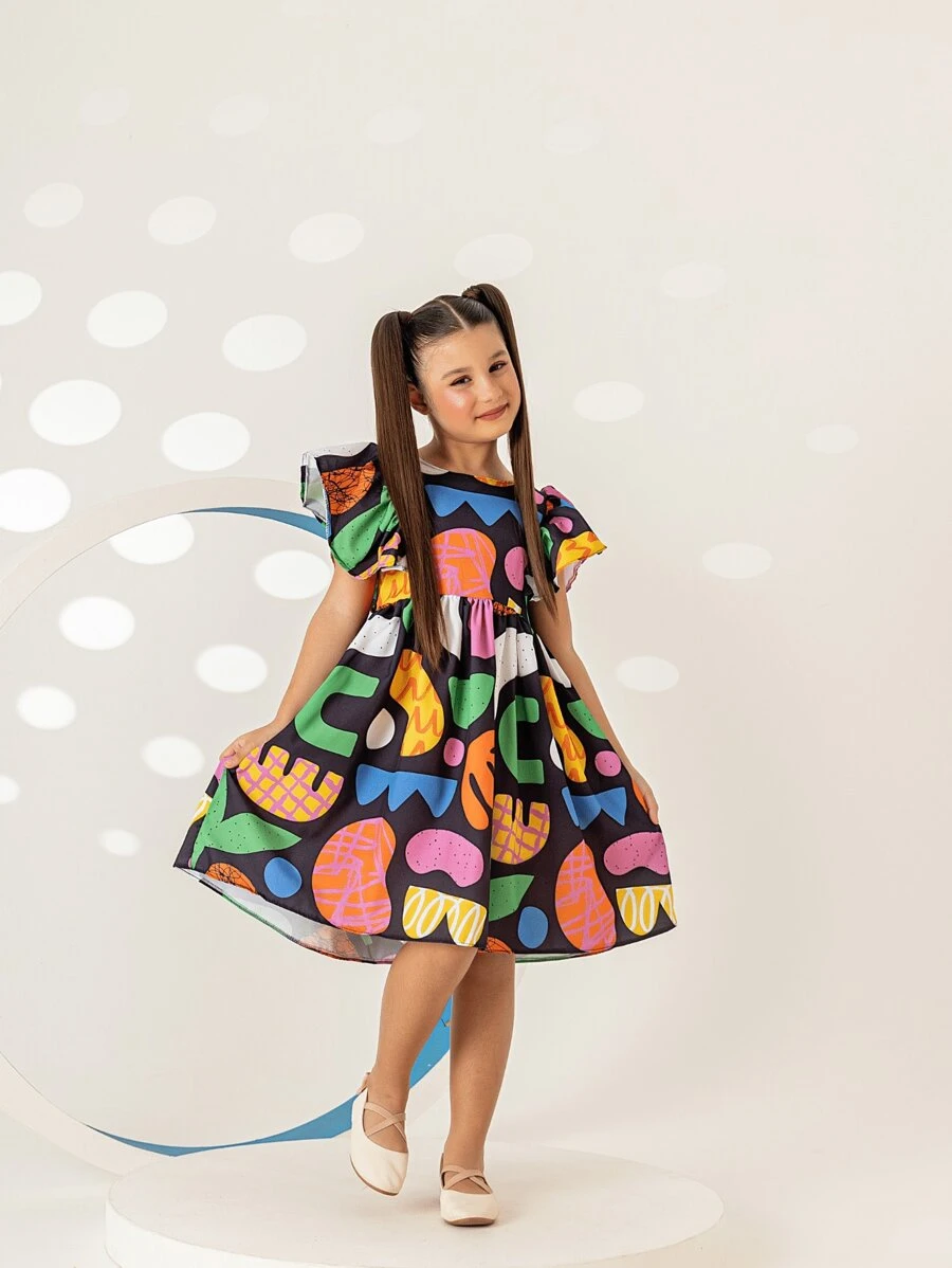 Vestido Infantil Feminino Moda Festa Blogueirinha Colorido com Babado
