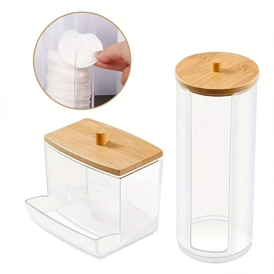1 Pieza/3 Piezas Soporte Multifuncional Para Almohadillas Con Tapa De Bambú Para Almacenamiento En Baño - Dispensador De Acrílico, Frasco De Redondo Transparente Y Frasco De Almacenamiento De Cosméticos De Plástico - Set Organizador De Maquillaje