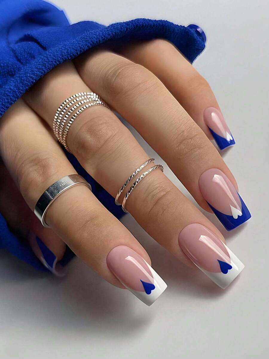 24pcs Short Square Shape Beautiful Detachable False Nails Set With Heart & French Design, Suitable For Daily Wear, Parties And Dance Events. Press On Nails Nail Supplies