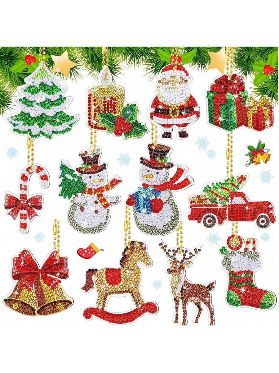12pcs/set Diy Painting Keychain Christmas Diamond Pendant Size 7cm X
