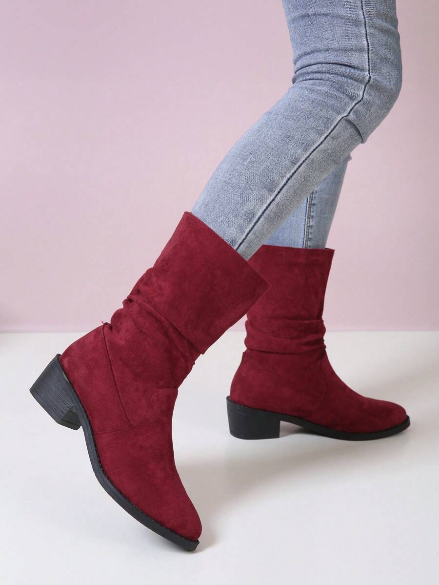 Autumn/winter Fashionable Round Toe Mid-heel Stack Boots, British Style Denim Boots