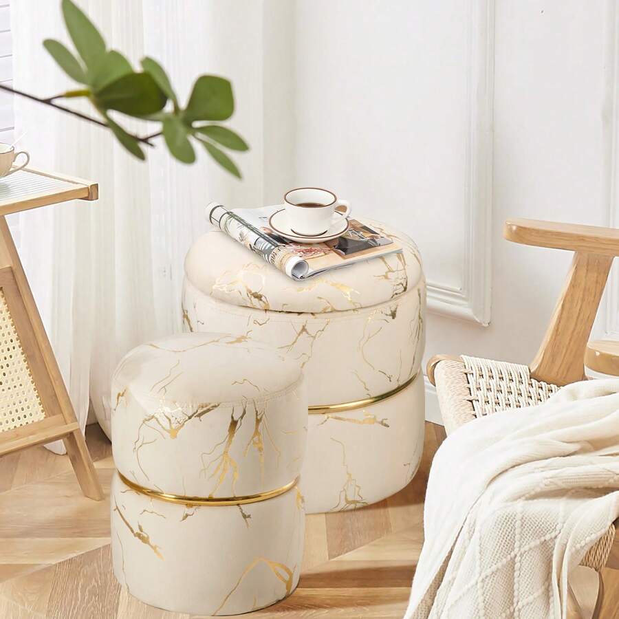 Furnistyle Round Velvet Ottoman Pack Of 2, One Bigger For Storage And The Other Smaller For Footstool, Modern Upholstered Tufted Footstool In Bronzed Fabrics, Ottoman Stool Set With Storage, Accent Vanity Stool Chair For Makeup Room, Bedroom And Living Room, Side Table Footrest For Easter Decorations