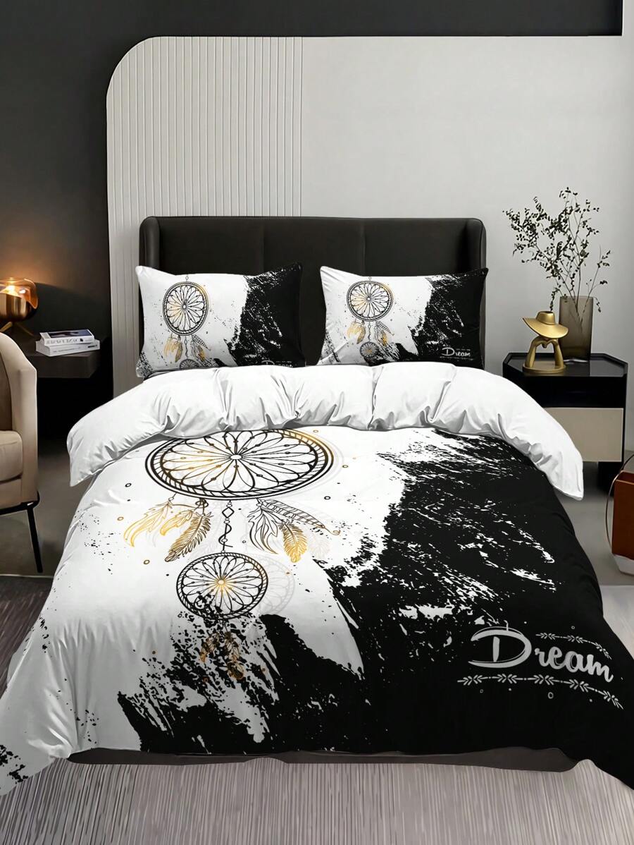 3pcs/set Fashionable Black & White Dreamcatcher Pattern Printed Duvet Cover Set