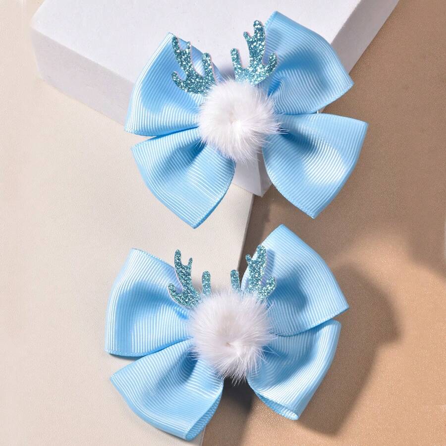 2pcs Girl's Blue Ribbon, Antler, Pom Pom, And Bow Knot Hair Clip For Girls Christmas And New Year Holiday Decoration