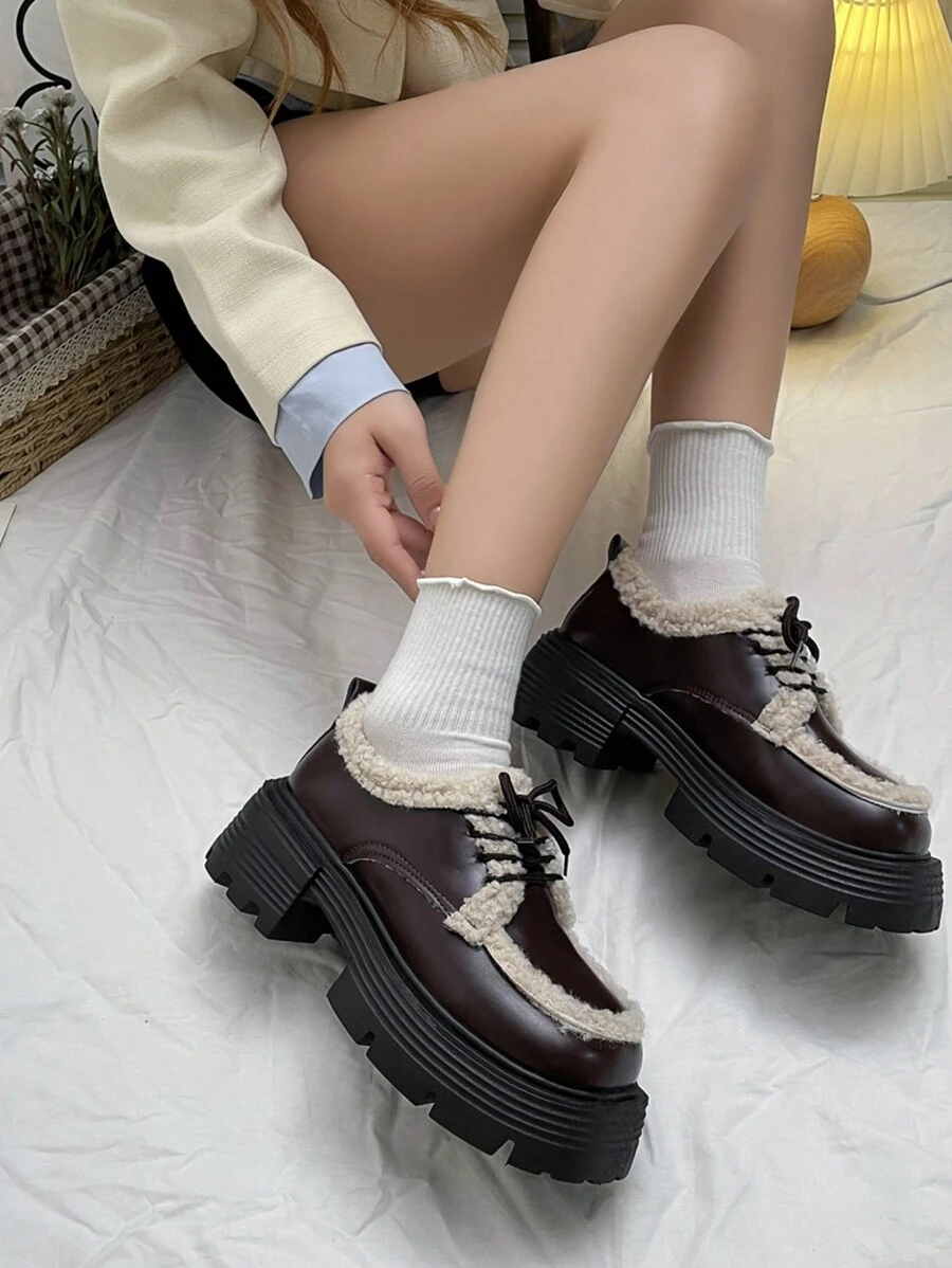 Women's Winter Thermal Lined Shoes 2023 New Fashionable Versatile Small Pu Leather Shoes, Warm & Comfortable With Thick Sole Loafers For Outdoor Wear