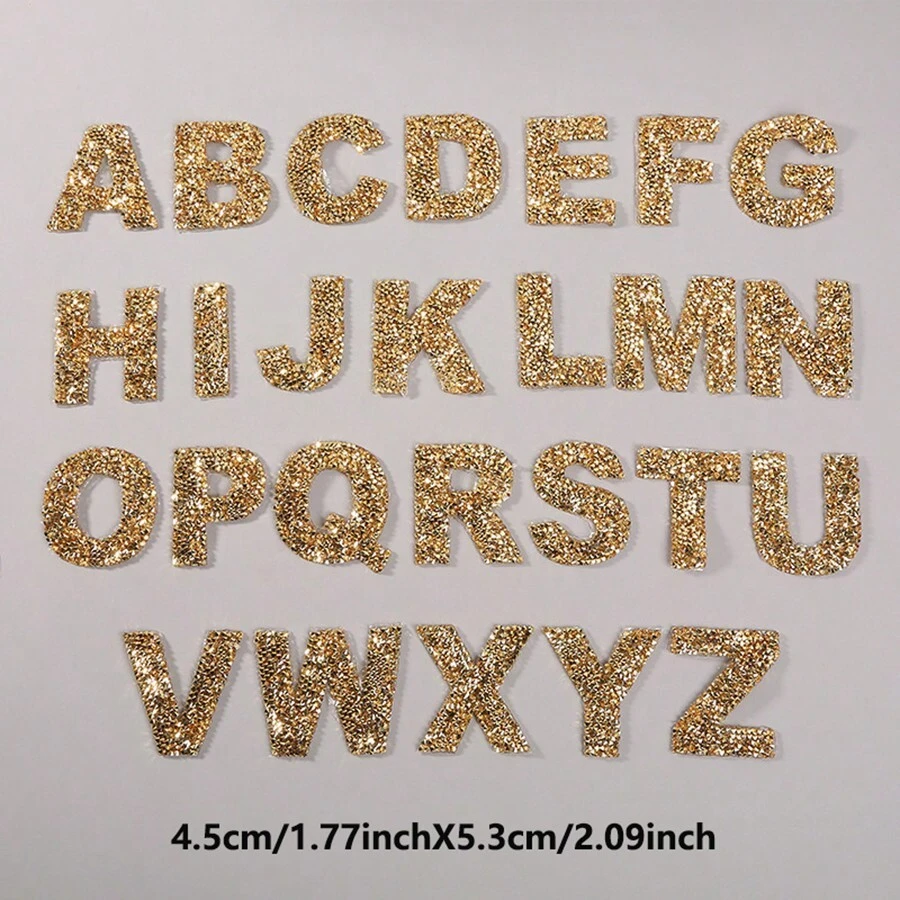 Alphabet Rhinestone Applique With Golden Sparkle. Hot Melt Adhesive Mesh Rhinestone Transfer Patch For Clothes, Hat, Shoes, Craft, Diy Embroidered Patches