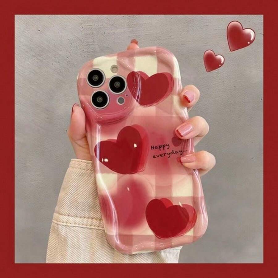 1pc Red Heart & Wavy Edge Tpu Phone Case Compatible With IPhone 15 Pro Max/14 Pro