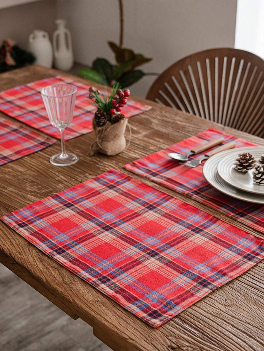 Christmas American Style Checkered Double-Layer Placemats, Bowls Mats, Heat-Insulated Decorative Table Mats