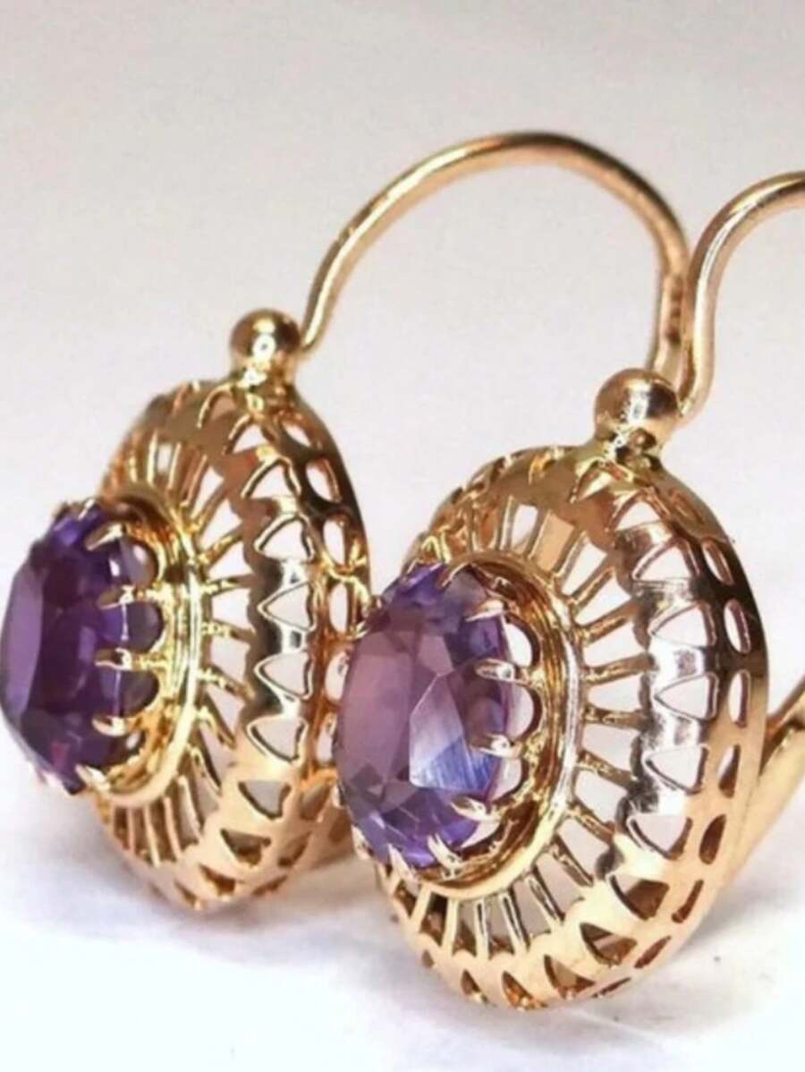 1 Paar Vintage Goldene Farbe Purpur Kristallohrringe Für Frauen, Cz Steineinlage Tropfenohrringe, Weiblicher Hochzeitsschmuck Geschenke