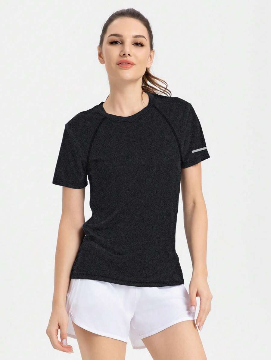 Women's Elastic Form-Fitting Casual Round Neck Short Sleeve T-Shirt, Comfortable Sports Fitness Training Running Couple Style For Summer