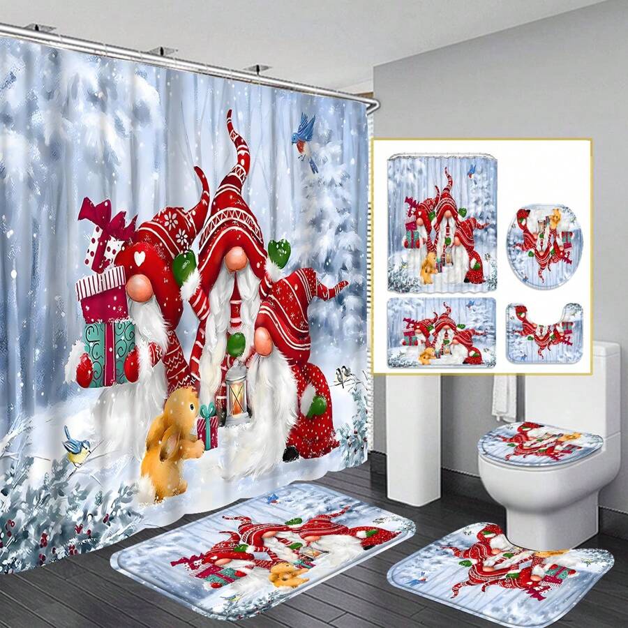 1 pezzo Set di telo da bagno o tappetino con stampa di elfi natalizi, design semplice, con 12 ganci per tenda da doccia inclusi come regalo, per uso in bagno, idea regalo per il ritorno a scuola