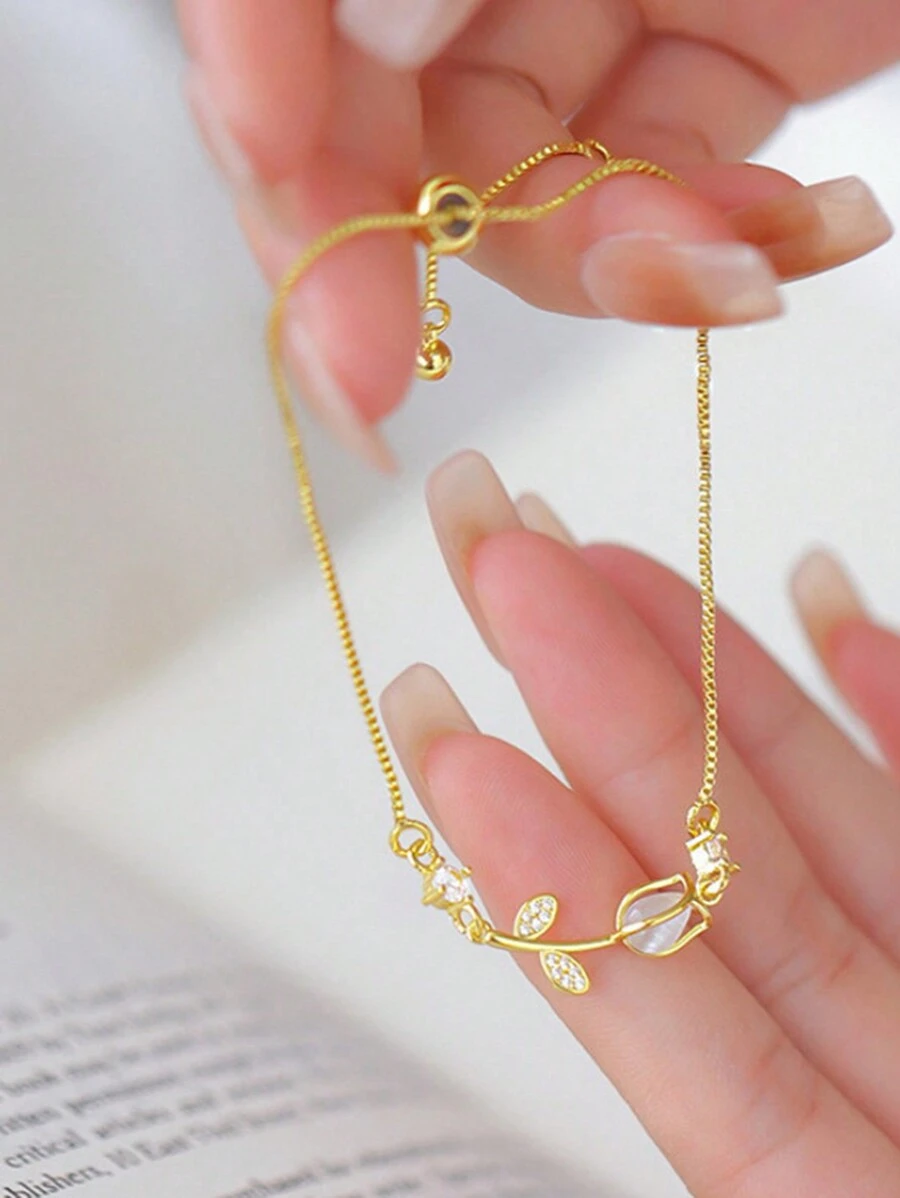 1pc Stainless Steel And Unique Design Tulip & Cat Eye Stone Pull Chain Bracelet, Elegant Women's Flower Bracelet Valentines,Mom,Mother,Mother's Day,Gift