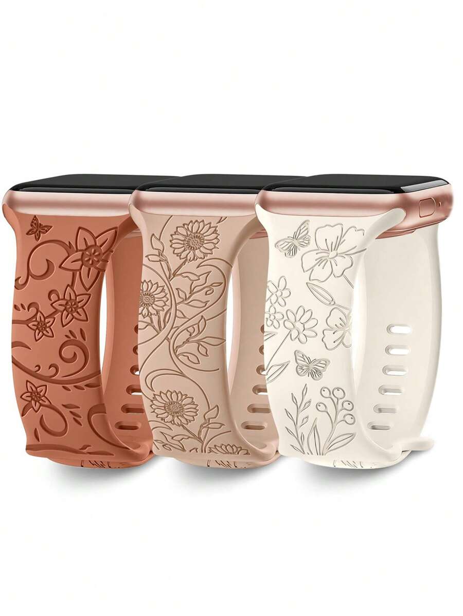 3 Packs Floral Engraved Band Compatible With Apple Watch Bands For Women 40mm 41mm 38mm 42mm 44mm 45mm 49mm,Silicone Cute Wildflowers Sport Laser Strap For Bands Series 9 Ultra SE 8 6 5 4 3 2 1