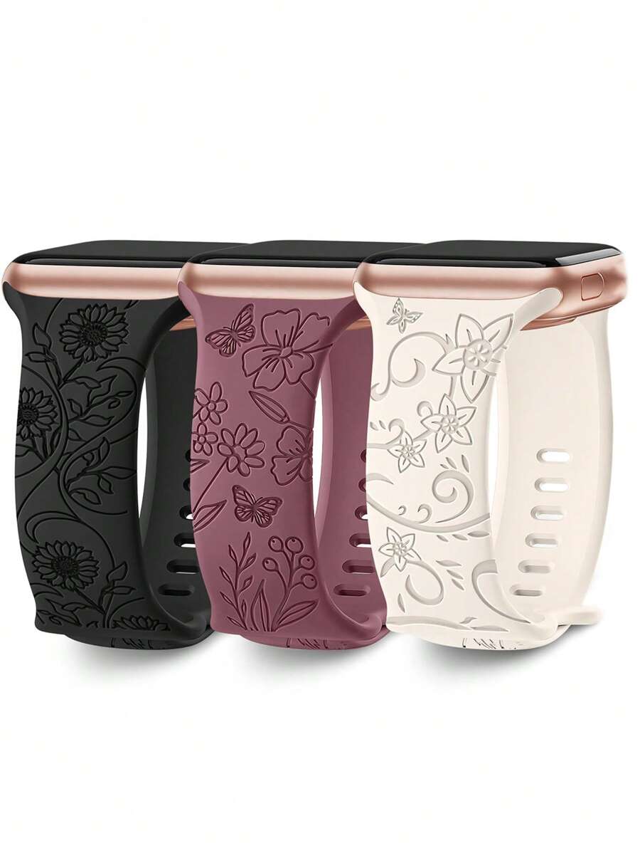 3 Packs Floral Engraved Band Compatible With Apple Watch Bands For Women 40mm 41mm 38mm 42mm 44mm 45mm 49mm, Silicone Cute Wildflowers Sport Laser Strap For Bands Series 9 Ultra SE 8 6 5 4 3 2 1 Valentines