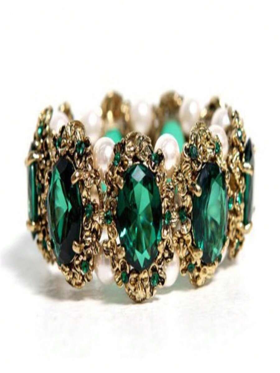 1pc Fashionable Vintage Style Green Rhinestone, Emerald & Faux Pearl Decor Bracelet For Women, Daily Wear Accessory