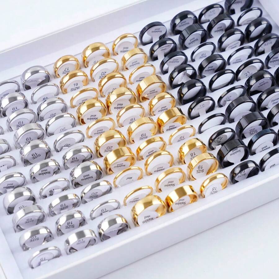 10pcs/pack Fashionable Simple Stainless Steel Flat Plain Band Ring (2/4/6/8mm) Suitable For Men, Engagement, Wedding, Party Gift