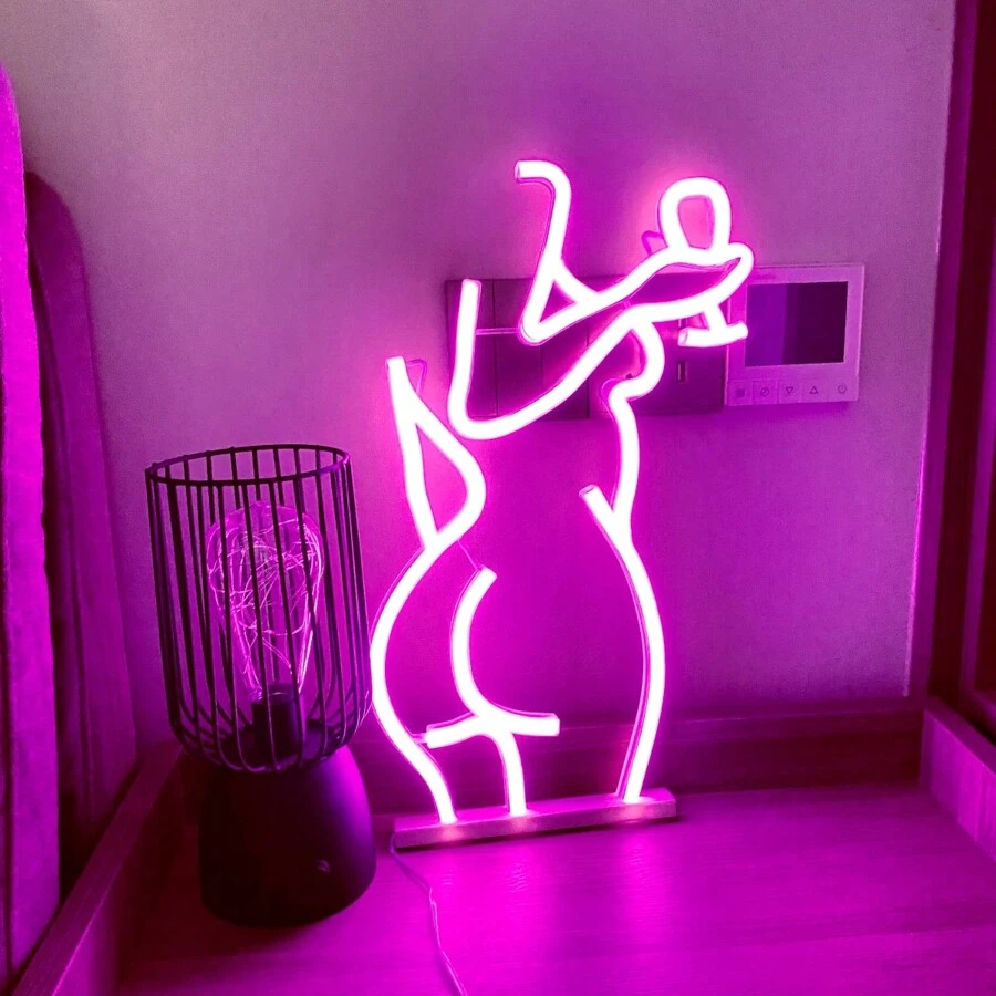 1 Pieza 15.7x9.6in (alrededor De 40x24.5cm) Luz De Neón Con Silueta De Mujer Sosteniendo Una Copa De Vino, Con Alimentación Por Usb/batería, Rosa, Para La Decoración De Pared/mesa, Perfecta Para Bar, Fiesta Y Decoración Del Hogar