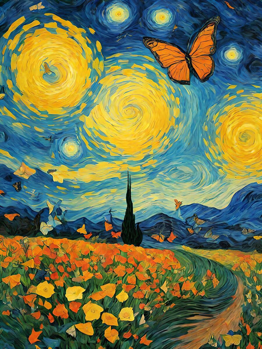 Colorful Floral Butterfly Artistic Illustration Diamond Painting, New Arrival, Round Diamond Full Drill, Diy Mosaic Embroidery, Living Room Home Decoration Wall Painting, Artistic Creative Embroidery, Wall Decoration Diamond Painting, 1 Set