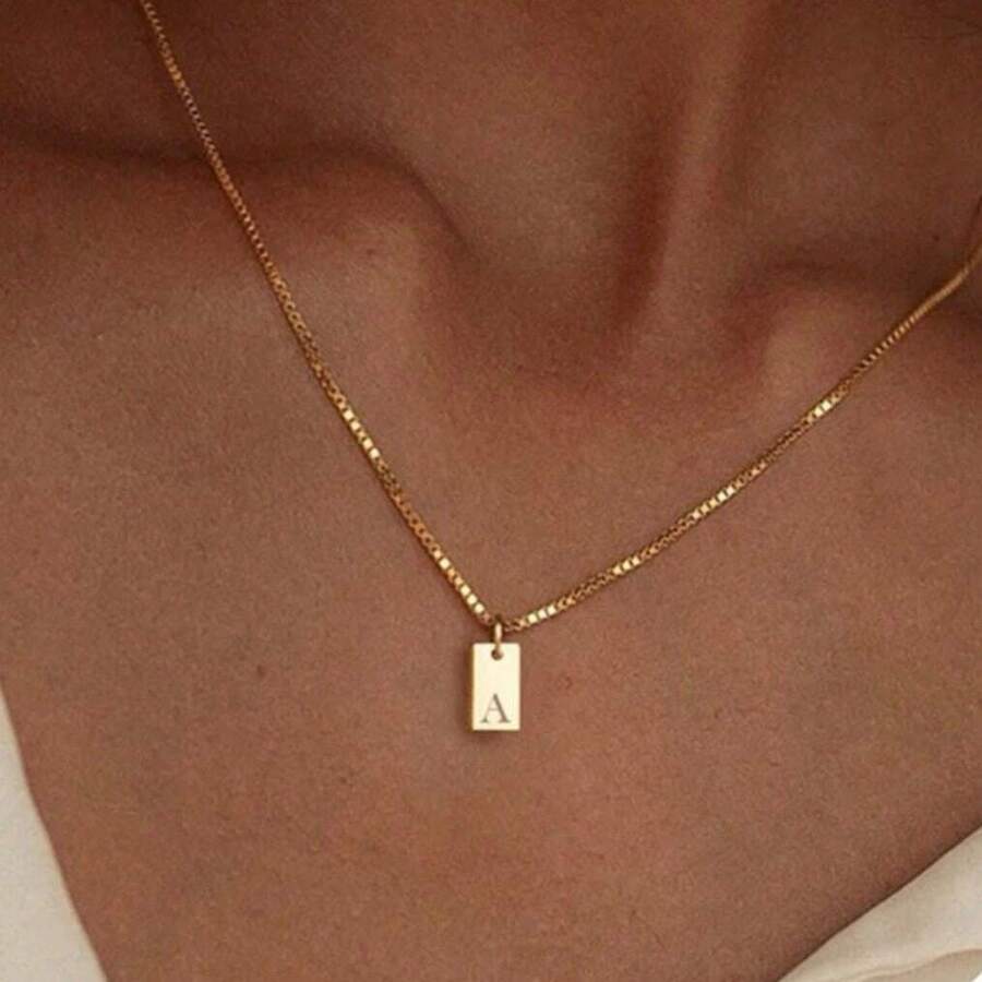 Minimalist Letter Square Necklace, Stainless Steel Gold Plated Box Chain, Delicate Initial Pendant Suitable For Daily Wear Women