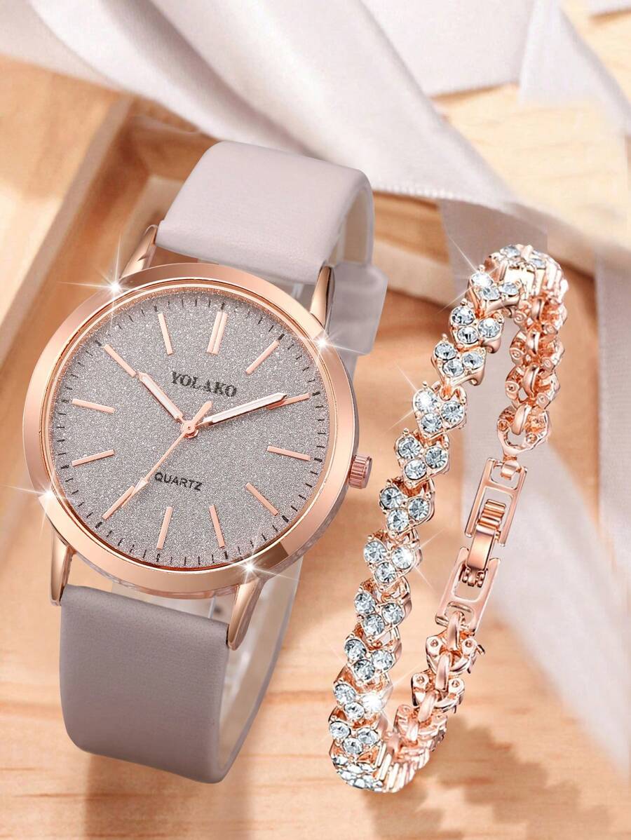 Conjunto de reloj de pulsera de cuarzo con esfera mecánica y escala simple, correa mate + pulsera con forma de corazón completamente decorada con rhinestones, regalo de San Valentín para mujer
