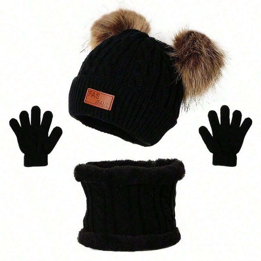 3pcs Children's Windproof & Warmth Hat Scarf Glove Set, New Style Double Ball Plush Knit Baby Cap, Suitable For Outdoor Activities In Autumn And Winter, A Perfect Christmas Gift For Kids