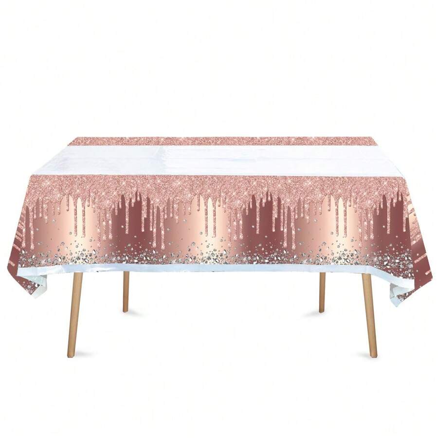 1pc 108cm*180cm Rose Gold Rhinestone Themed Disposable Tablecloth, Waterproof Table Cover For Birthday Party, Home Gathering, Wedding Party Decoration, Back To School Valentine Day