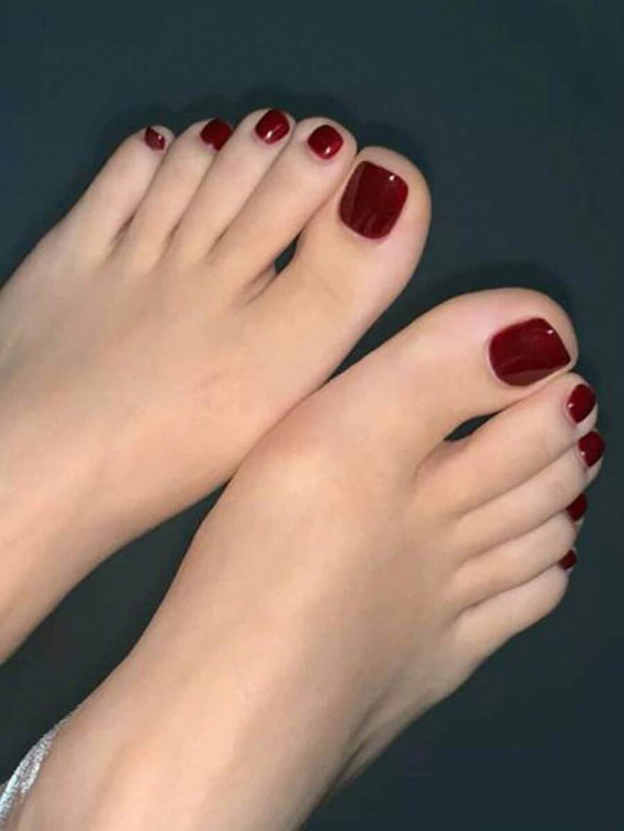 Revamp Your Nails Short Square Fake Toe Nails, Casual & Minimalist Glitter Pure Dark Red Color, Foot Nails Set, Full Coverage For Toenails, Suitable For Parties, Dance Parties And Daily Wear Press On Nails Nail Supplies