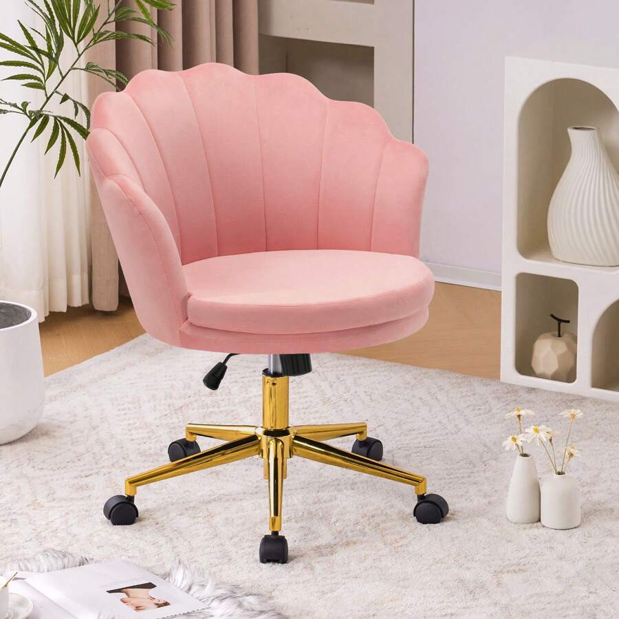 Furnistyle Pink Living Room Chairs in Velvet Fabric, Adjustable Swivel Beauty Vanity Chair for Makeup Room, Decorative Home Office Task Chair in Seashell Back Design with 360° Swivel Wheels, Modern Upholstered Accent Chair with Stable Star Base, Tufted Velvet Barrel Chair Armchair for Bedroom, Dressing Room