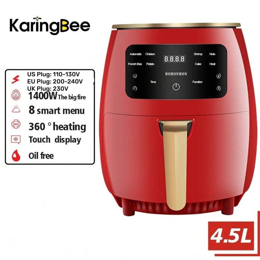 KaringBee Air Fryers 4.5L Large Capacity 1400W 360 Hot Air Circulation Smart Automatic Household Multi-function LED Touchscreen Deep Fryer without Oil fryer