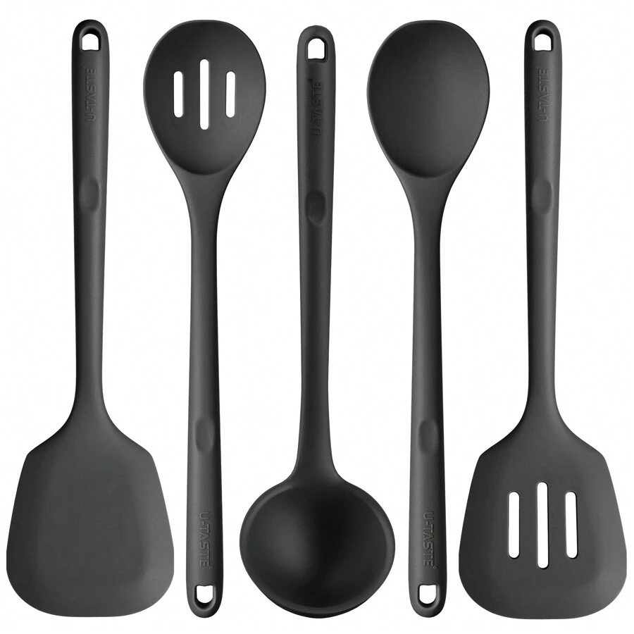 600℉ Heat Resistant Kitchen Utensil: U-Taste 13.6" Silicone Cooking Tools Gadgets Set, Non Stick Solid and Slotted Turner Spatula, Mixing Spoon, and Soup Ladle (5 Pieces)