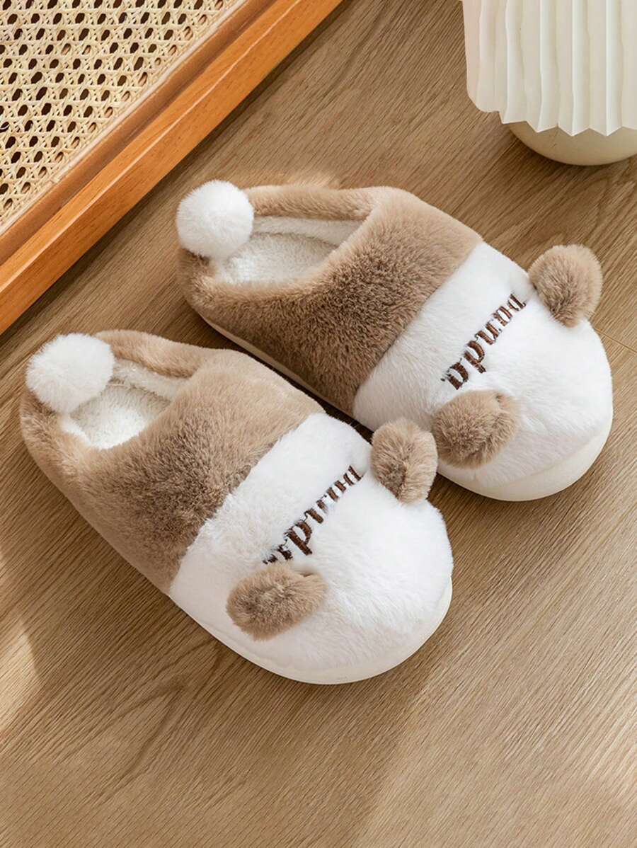 Pantoufles en peluche de panda de dessin animé pour femmes, couleur kaki, chaudes et antidérapantes, avec semelles épaisses pour la maison en hiver
