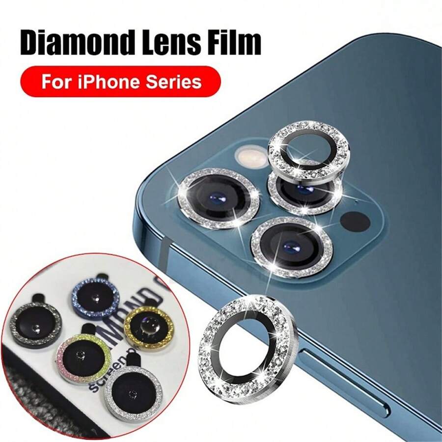 Protecteur d'appareil photo en strass de luxe pour iPhone 15 14 13 12 11 Pro Max, protecteur de verre trempé de lentille à anneau métallique compatible avec l'iPhone 11 Pro Max 12 Mini Full coque
